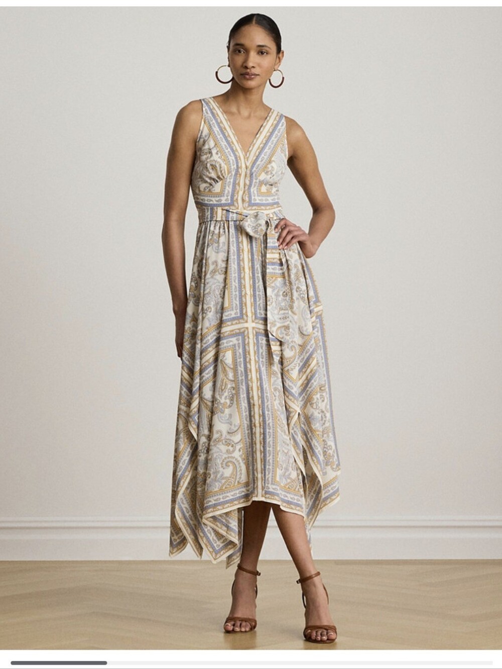 Lauren Ralph Lauren Sleeveless Handkerchief Hem Midi Dress Cream Multicolor NWT